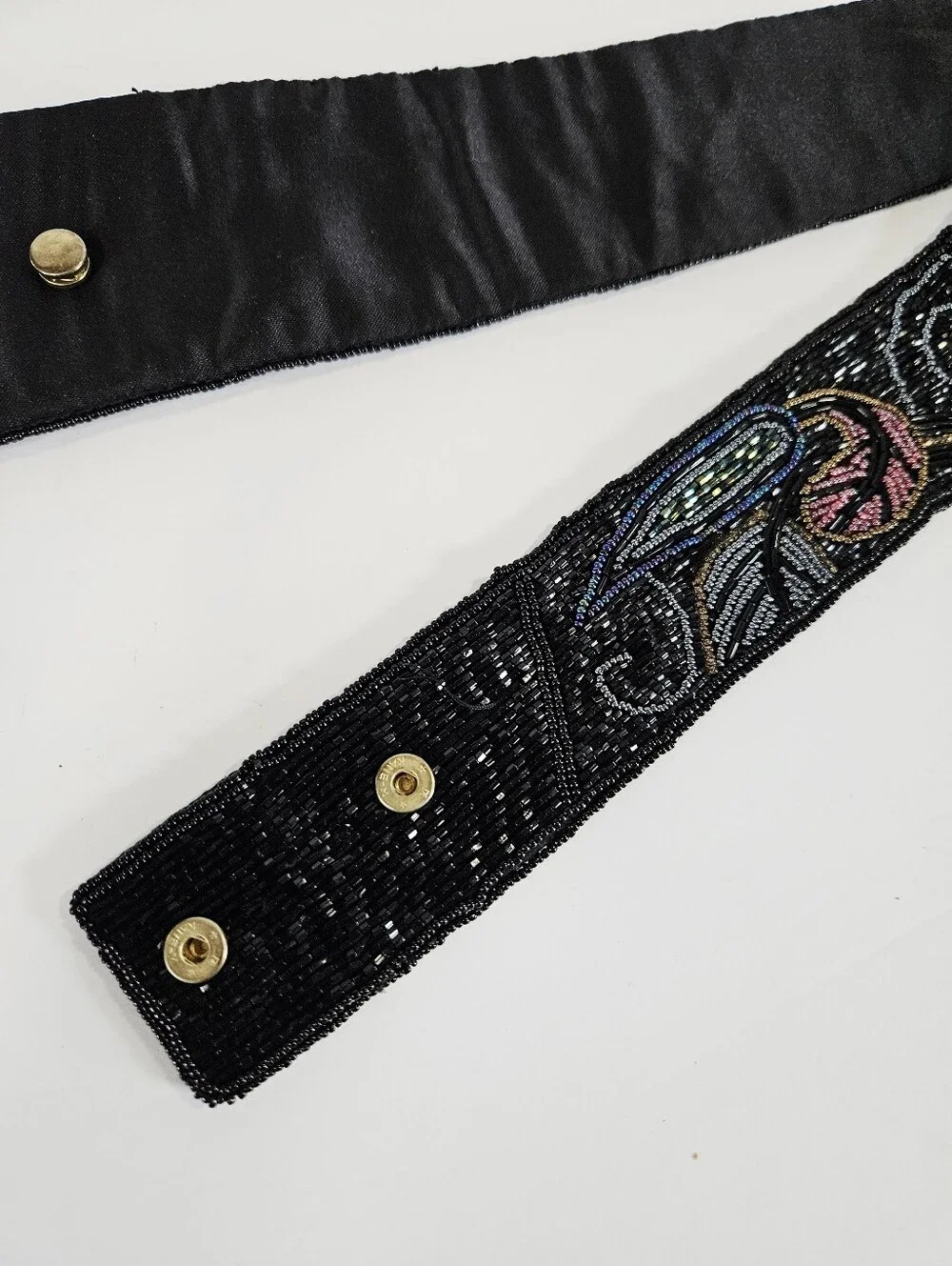 Vintage Cadaz Intricate Seed Beaded Peacock Feather Fold Over Statement Belt
